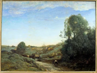La Charrette - Souvenir fra Marcoussis (nær Montlhery). Maleri af Camille Corot (1796-1875), ca. 1855. Olie på lærred. Størrelse: 0,97 x 1,30m. Paris, Musee d