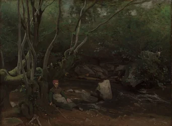 Lormes: Gedepige, der sidder ved siden af en bæk i en skov, 1842.