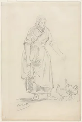 Bondepige fodrer høns, 1800-tallet.