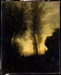 Siddende ged spiller fløjte i en lysning. Maleri af Camille Corot (1796-1875)