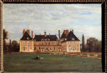 Udsigt over slottet Marie Caroline, hertuginde af Berry a Rosny, i Yvelines-maleriet af Camille Corot (1796-1875) 1840 Søn. 0,24x0,35 m