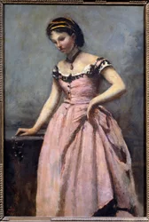 Ung pige med lyserød kjole Maleri af Camille Corot (1796-1875) 1800-tallets søn. 0,46x0,32 m Paris, musee d