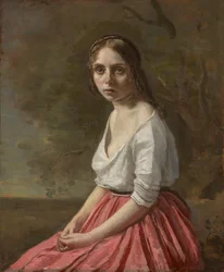 Ung kvinde i en lyserød nederdel, ca. 1845-50