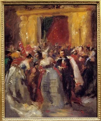 Bolddragt i Tuileriernes palads: Napoleon III (1808-1873) og grevinden af Castiglione (1837-1899, berømt italiensk kurtisane) (Virginia Elisabetta Luisa Carlotta Antonietta Teresa Maria Oldoini). Maleri af Jean Baptiste (Jean-Baptiste) Carp