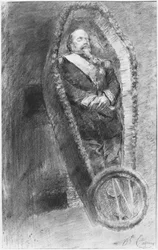 Kejser Napoleon III i sin kiste under begravelsesgudstjenesten i kirken i Chislehurst, England, den 13. januar 1873 (trækul og hvidt kridt)
