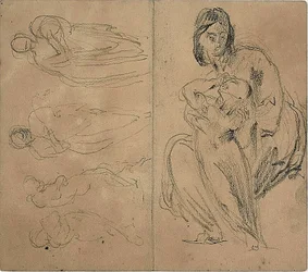 Skitser: Fire figurer og siddende mor og barn (recto); siddende mor og barn (verso)