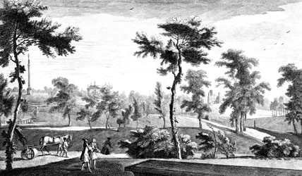 En udsigt fra det græske tempel til Lord Cobhams søjle, Stowe House Gardens, indgraveret af George Bickham, 1753