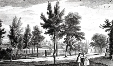 En udsigt over Elysian Fields fra Helicon Spring, Stowe House Gardens, indgraveret af George Bickham, 1753