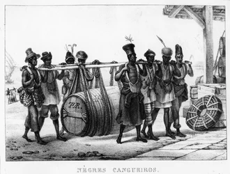 „Sorte Cangueiros“ - Sorte bærere transporterer en tønde, graveret af Thierry Frères (virksom 1827-45), 1835