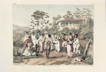 Gruppe af sorte dansere, illustration fra „Voyage Pittoresque et Historique au Bresil, ou Sejour d