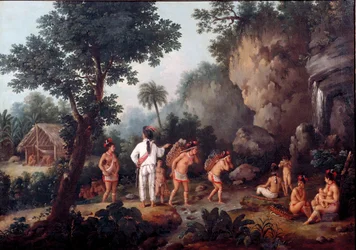 Slaveri: „slavejagt“ - oprindelige familier (fra Brasilien?) tages til fange af slavehandlere. Museum i São Paulo, Brasilien.