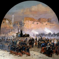 Konstantins ekspedition under erobringen af Algeriet (1830-1847): "" Begravelsesgudstjeneste (begravelse) af general Denis de Damremont (1783-1837) fejret 18/10/1837 foran Konstantins bro i Algeriet dagen efter overfald”” Maleri af Edou
