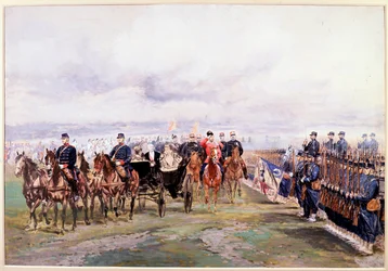 Zar Nicolas gennemgår tropperne sammen med Felix Faure i Chalon-sur-Marne under sit besøg i Frankrig den 9. oktober
