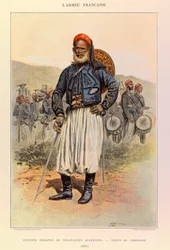 Typer og uniformer af kaptajn Jules Richards franske armé, illustreret af Edouard Detaille (1848-1912): Indfødt officer af algeriske tuniorer i feltkjole i 1886, privat samling