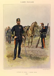 Typer og uniformer af kaptajn Jules Richards franske armé, illustreret af Edouard Detaille (1848-1912): Kaptajn for Ånden i flot tøj i 1887, privat samling