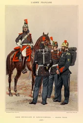 Typer og uniformer af kaptajn Jules Richards franske armé, illustreret af Edouard Detaille (1848-1912): Republikanernes garde og brandmænd i stor udrustning i 1887, privat samling