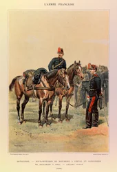 Typer og uniformer af kaptajn Jules Richards franske armé, illustreret af Edouard Detaille (1848-1912): Artilleri: Underofficerer af batterier på heste og kanoner af batteri til fods i stor påklædning i 1886, Privat samling