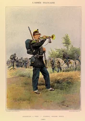 Typer og uniformer af kaptajn Jules Richards franske Armee, illustreret af Edouard Detaille (1848-1912): Jægere til fods: Bugle i flot kjole i 1885, Privat samling