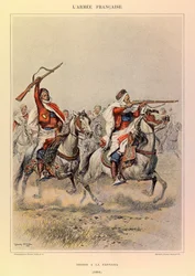 Typer og uniformer af kaptajn Jules Richards franske armé, illustreret af Edouard Detaille (1848-1912): Spahis a la Fantasia i 1886, privat samling