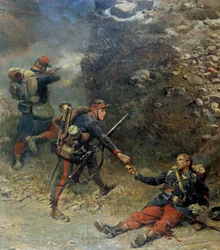 Krigen i 1870: "" The bottom of the giberne"" En såret infanterist giver sine sidste projektiler til sin ledsager under slaget ved Champigny (11/11/1870). Detalje af et maleri af Jean-Baptiste-Edouard Detaille (1848-1912) og Alphonse de Neuville (Deneuvi)