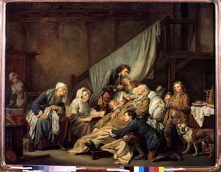 ""The Filial Piety or the Paralytic Rescued by His Children"" (Filial Piety (The Paralytic)) Maleri af Jean Baptiste Greuze (1725-1805) 1763 Dim. 115x146 cm Eremitagemuseet, Sankt Petersborg
