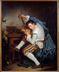 Guitaristen, eller en fugl, der ved hjemkomst fra jagt skænker sin guitar Maleri af Jean Baptiste Greuze (1725-1805) 1700-tallets søn. 0,71x0,57 m Nantes, Musee des Beaux Arts