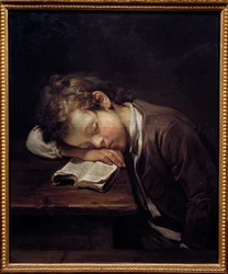Den dovne lille. Portræt af en ung dreng, der dræbte på sin bog. Maleri af Jean Baptiste Greuze (1725-1805)