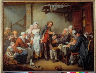 Landsbyens accept Brudens far giver sin svigersøn gave. Maleri af Jean Baptiste Greuze (1725-1805). 1761 søn. 0,92 x 1,17 m.