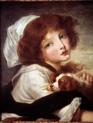 Ung pige med lille hund Maleri af Jean Baptiste Greuze (1725-1805) Paris fra det 18. århundrede, Musee Cognacq Jay.