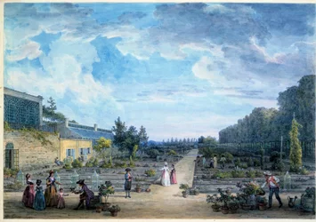 Udsigt over Jardin du Roi (nuværende Jardin des Plantes) Litografi af Jean Baptiste Hilaire (1753-1822) 1794 Paris, B.N.