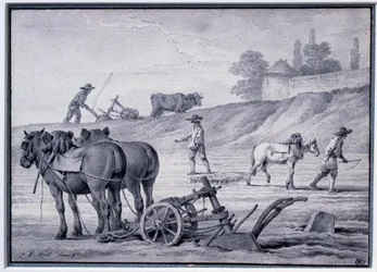 Landbrug: pløjescene. Tegning af Jean Baptiste Huet (1745-1811) 1700-tallets Paris, Louvre-museet