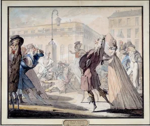 Mode under den franske revolution: "The Little Coblentz" Dette var en meget velrenommeret salon under direktionen. Satirisk litografi af Jean Baptiste Isabey (1767-1855) 1789. Musee Carnavalet, Paris