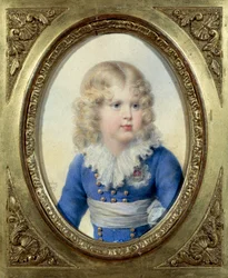 Kongen af Rom og Prins af Parma Napoleon II, hertug af Reichstadt (1811-1832) søn af kejser Napoleon I (1769-1821) i blå kjole”” Akvarel af John Baptiste Isabey (1767-1855) 1815 Søn. 0,1x0,14 m Malmaison, slotsmuseum