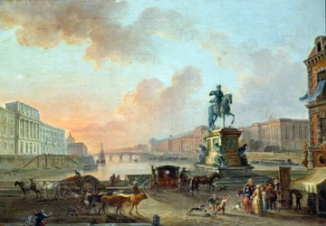 Udsigt over Monnaie, Pont Royal og Louvre fra Pont Neuf omkring 1775 Maleri af Jean Baptiste Lallemand (1710-1803) 1775 Søn. 0,53x0,64 m Paris, Musee Carnavalet