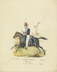 Husar fra den hollandske østindiske hær, 1820-1825 Hollandske Kavalerie Hussaar fra Østindien (titel på objektet) Militære kostumer af Kongeriget Holland. Dedikeret til Hans Excellence Willem van Bylandt (serietitel på objekt)