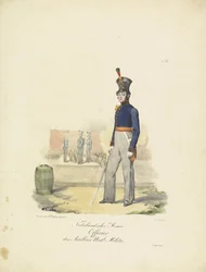 Officer af Artilleri, 1820-1825 Nederlandsche Armée Officier der Artillerie Nat.le Militie (titel på objekt) Militære kostumer af Kongeriget Holland. Dedikeret til Hans Excellence Willem van Bylandt (serietitel på objekt)