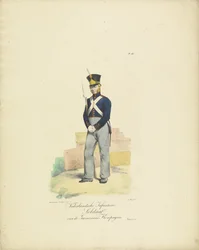 Soldatgarnisonskompagni, 1820-1825 Hollandsk infanterisoldat fra Garnisonskompagniet (titel på objekt) Militære kostumer af Kongeriget Holland. Dedikeret til Hans Excellence Willem van Bylandt (serietitel på objekt)