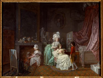 Familie frisure i privatlivets fred i et soveværelse, moderen varmer sin datter, der læser. En anden leger med hunden. Maleri af Jean Baptiste Mallet (1759-1835) Paris fra det 18. århundrede, dekorativ kunst