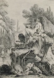 Springvand med en Naiad siddende på en skal