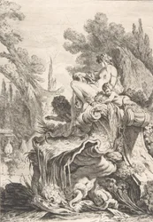 Den siddende nymfe En fontæne med en najade siddende på en konkylie, ca. 1740.