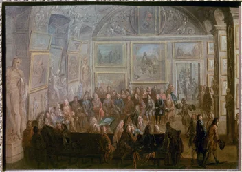 Møde for Akademiet for Maleri og Skulptur i Salon de Diane ved Louvre Maleri af Jean-Baptiste Martin le Vieux (1659-1735)