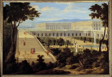 Udsigt over Orangeriet, trapperne til Cent-Marches og slottet i Versailles ca. 1695 Maleri tilskrevet Jean-Baptiste Martin (den Ældre) (1659-1735) 1695 Søn. 1,15x1,65 m