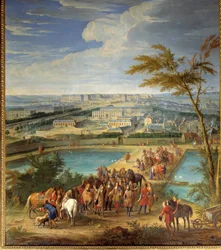 Udsigt over byen og slottet i Versailles taget fra bakken i montbauron, Louis XIV (1638-1715) og Francois Michel le Tellier, Marquis de Louvois besøger de nye reservoirer Maleri af Jean-Baptiste Martin (den Ældre) (1659-1735) ) 1600-tallet søn. 2,