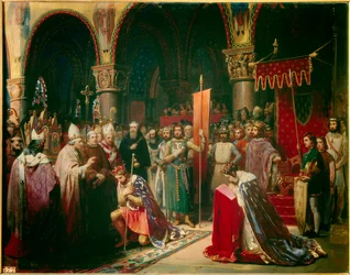 Kong Ludvig VII (1120-1180) tager oriflamen ved basilikaen Saint Denis (Saint Denis) i nærværelse af dronning Alienor af Aquitaine og modtager humlebien og pannetieren af pelerin fra hænderne på pave Eugene III (? -1153) før hans afgang
