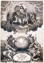 Portræt af Ludvig XIV, flyvende over en jordklode, titelblad (gravering