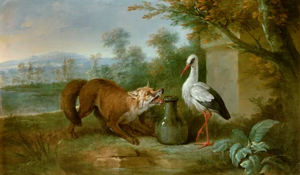 Ræven og storken. Illustration til fablen af Jean de La Fontaine. Maleri af Jean-Baptiste Oudry (1686-1755), 1751. Metz, Museum for Skønne Kunster