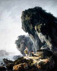 Et kystlandskab med figurer på en klippe (olie på lærred)