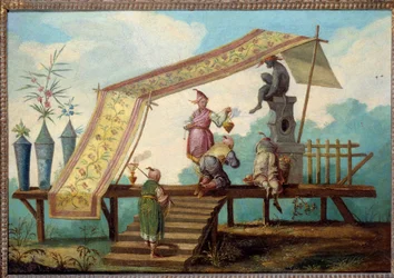 Chinoiserie: Dekorativt panel, der repræsenterer et kinesisk tilbud. Dørtop malet af Jean Pillement (1728-1808)
