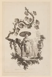 Figur med parasol under gren