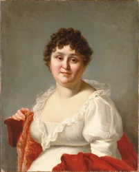 Portræt af Madame Regnault, brystlængde, i hvid kjole og persimmon sjal (olie på lærred)